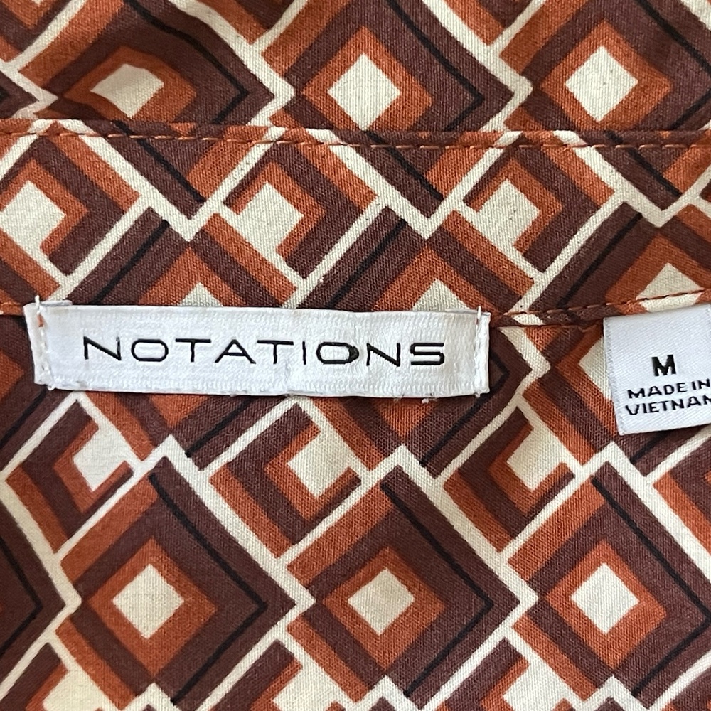 Notations Brown Geometric Retro Print Button Down Shirt Women Size M 70s Style - Picture 5 of 5